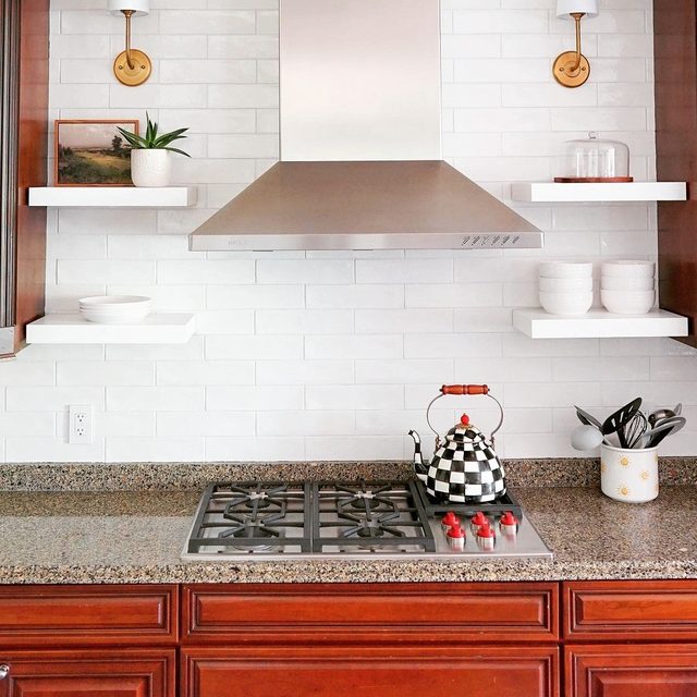 After: white ceramic subway tile backsplash